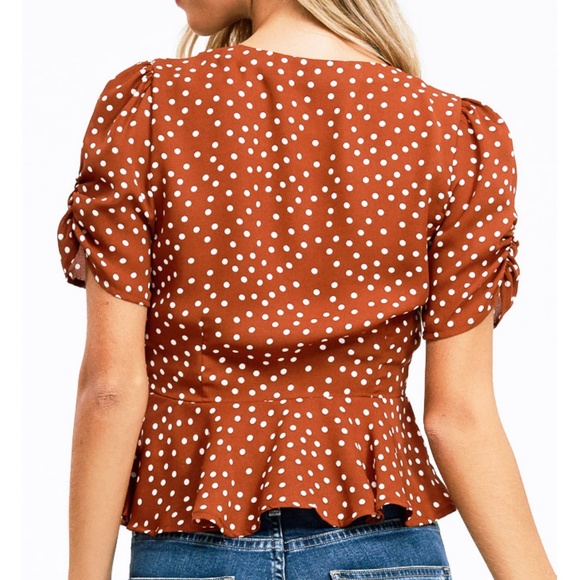 Rust Polka Dot Deep V Neck Button Peplum Shirt Top - Picture 6 of 8